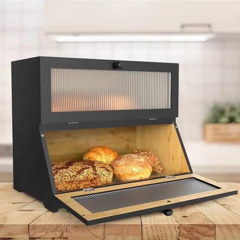 Brotkasten aus Bambus mit 2 Ebenen, 40 cm x 25 cm x 33 cm (L x B x H) zur Aufbewahrung von Brot – in den Farben Nois/Weiß/Holz. – Detail 2