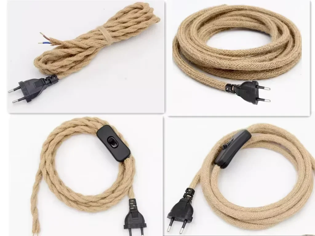EU Plug Power Cord Vintage Hemp Cord 2Meters 3Meters Convered With ON/OFF Switch For Retro Pendant Light Design Lighting Decor