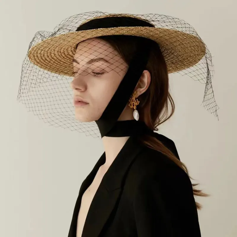 European American Vintage Summer Fashion Mesh Light Top Handmad Straw Hat Ladies French Elegant Beach Hat For Women Sunhat