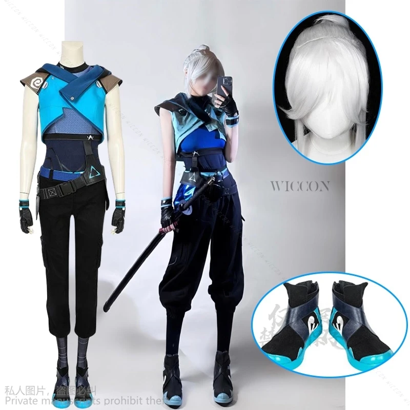 Jett Cosplay Women Costume Wig Shoes Game Valorant Female Marksman Roleplay Fantasia Outfits Halloween Carnival Party Cloth Hair