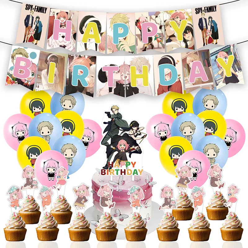 Cartoon SPY X FAMILY Cute Anya Girl Princess Favors Tableware Latex Ballon DIY Party Decoration Birthday Festivel Flag Cakecup