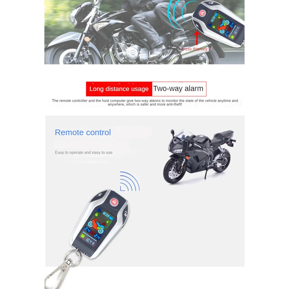 Système de sécurité de verrouillage/déverrouillage automatique de moto, alarme LCD, deux alarmes antivol, démarrage du moteur sans clé, sans moniteur