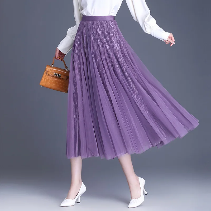 Fashion New Summer Women's Elegant Mesh Skirt 2024 Spring Boho Korean High Waist Pleated Layers Tulle Pleated Midi Skirts