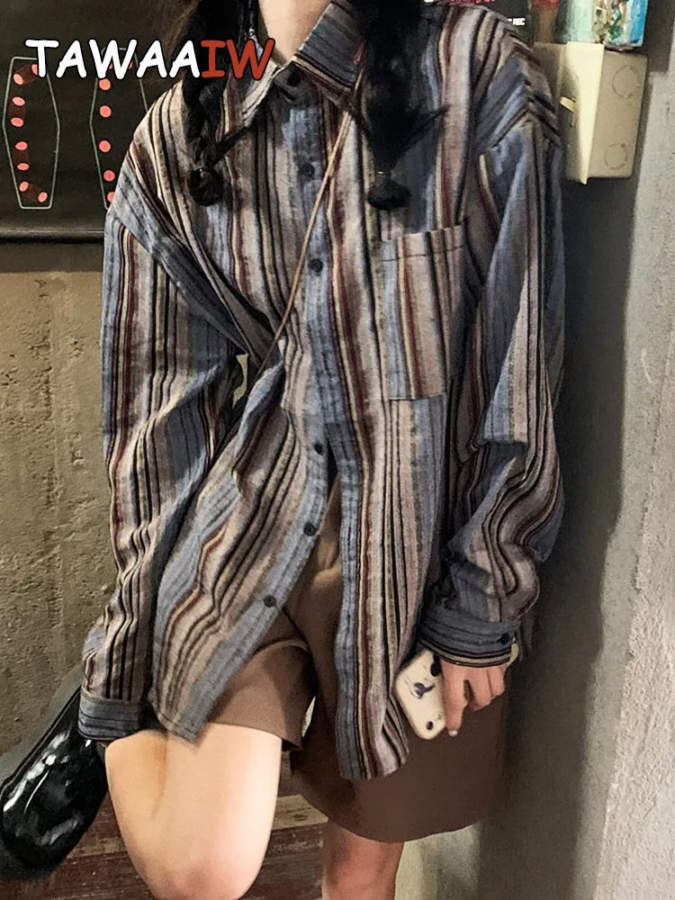 Tawaaiw Vintage Striped Loose Shirt Women Long Sleeve Korean Style Single Breasted Turn-down Collar Women Blouse Casual Tops