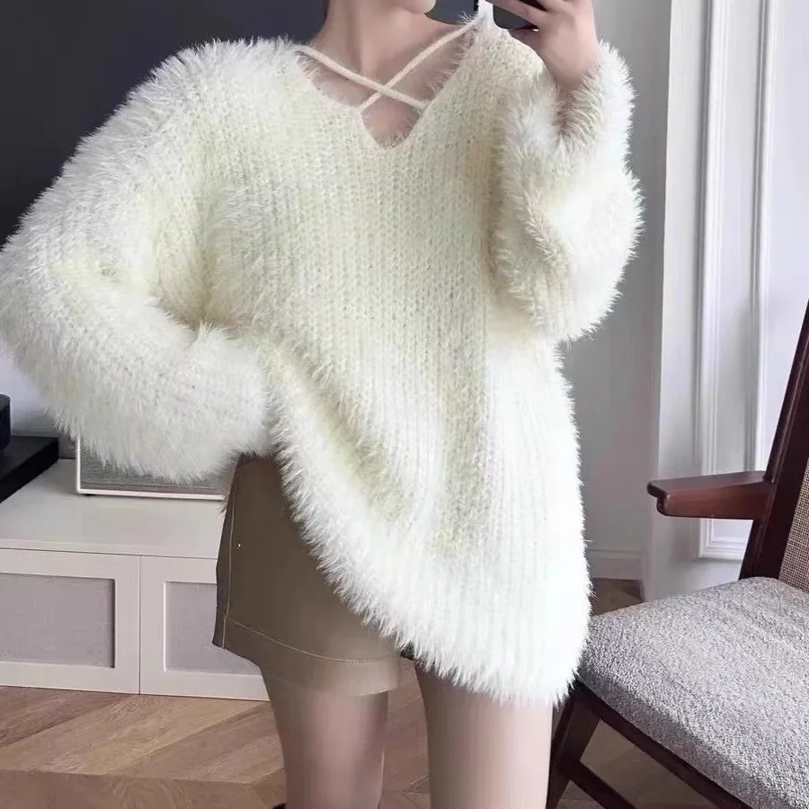 

V-neck Lace-up Imitation Mink Sweater Women's Autumn Japanese Retro Lazy Style Design Cross Loose and Thin Top