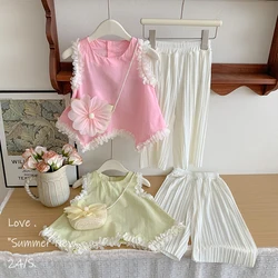 Two piece children's summer solid color cotton two color vest shirt+wide leg pants girl Korean clothing set