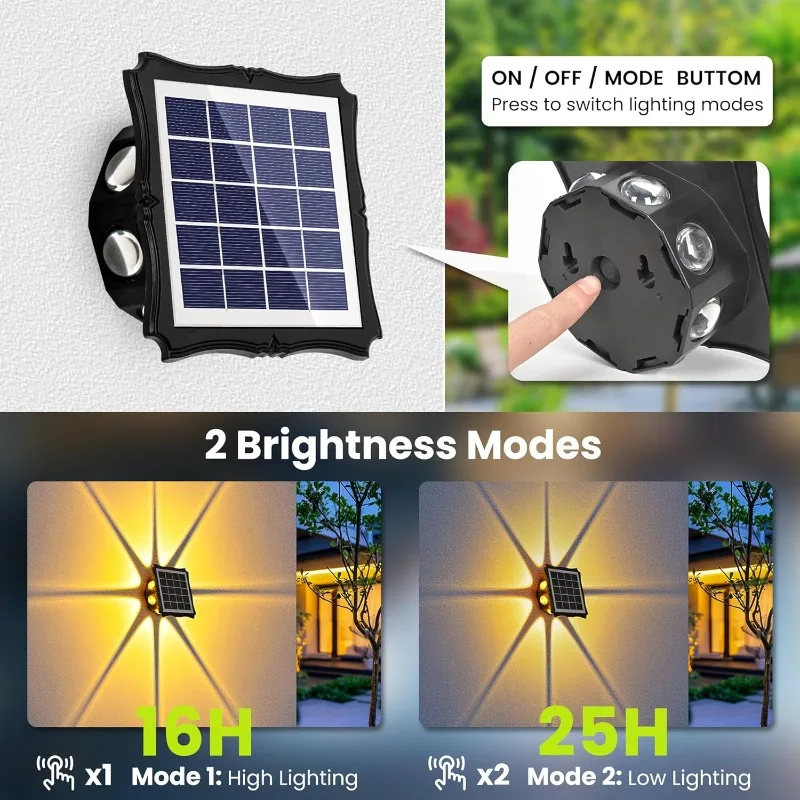 Solar Fence Lights Outdoor, IP65 Waterproof Solar Powered with 1500 mAh Battery, LED Spot Lens Wall Lights with 2 Lighting Modes