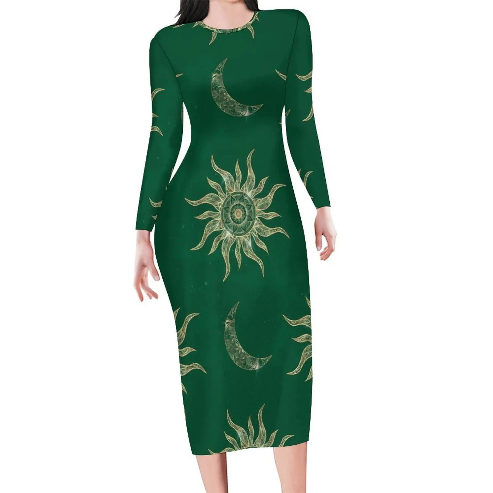 

Gold Sun Moon Bodycon Dress Spring Mandala Green Cute Dresses Ladies Long Sleeve Design Korean Fashion Dress Large Size