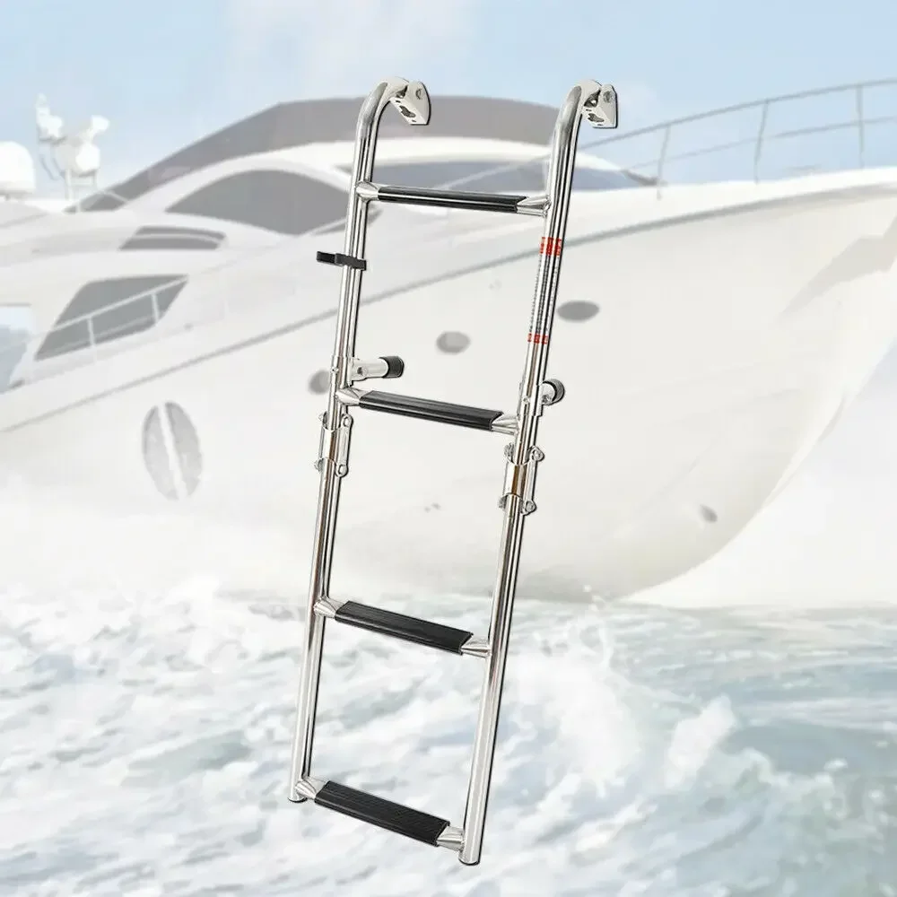 Stainless Steel Telescoping 4-Step Fold Down Ladder Swim Step Marine Yacht Boat Stainless Steel 4 Steps Foldable Boat Ladder