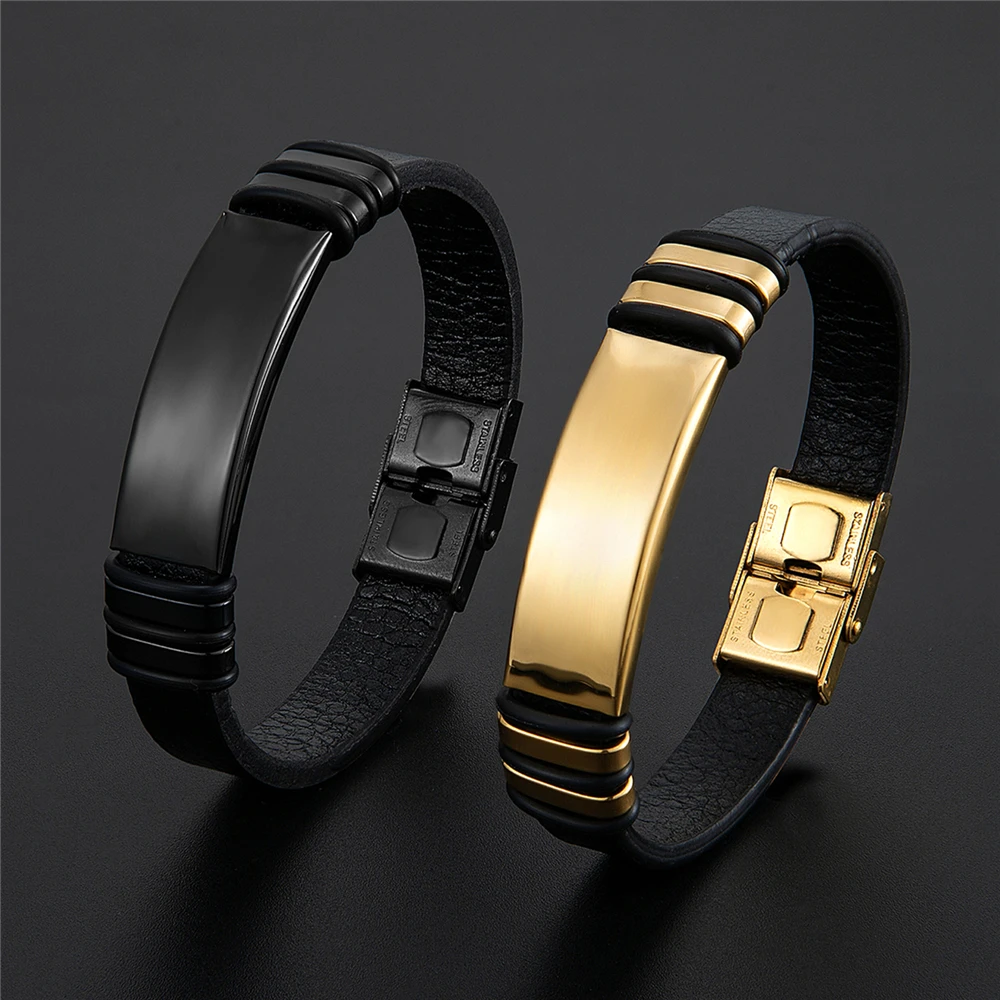 New Fashion Brand Bracelet Stainless Steel Men's Bracelet Black Charm Leather Bracelet Men's Wristband Simple Jewelry Wholesale