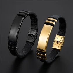 Nueva pulsera de marca de moda, pulsera de acero inoxidable para hombre, pulsera de cuero con dije negro, pulsera para hombre, joyería Simple al por mayor