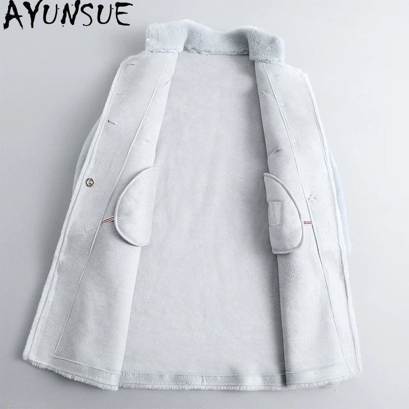 AYUNSUE Natural Wool Coats for Woman Stand Collar Mid Length Jacket Winter Lamb Fur Coat Woman Clothes 2025 New Ropa Para Mujer