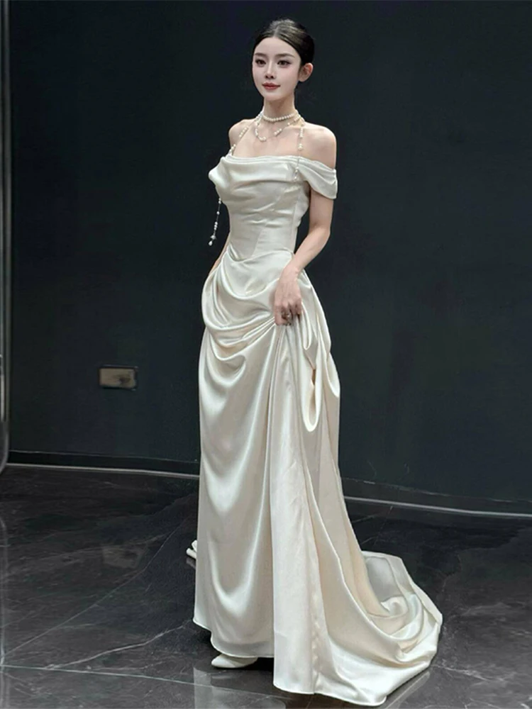 

Элегантное атласное свадебное платье на одно плечо для невысоких гостей, для церемоний и мероприятий, простое, для использования в помещении, в отеле