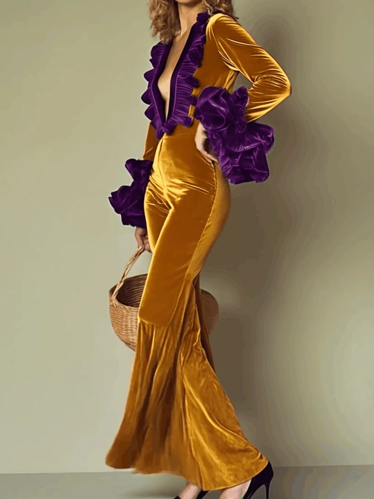 

2025 элегантные модные лоскутные комбинезоны с оборками, женские осенние сексуальные комбинезоны с глубоким v-образным вырезом, облегающие женские комбинезоны, уличная одежда, дропшиппинг