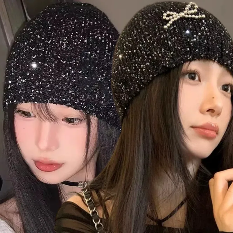 Sequined Knitted Beanie Hats Y2K Winter Women Girls Shinning Pearl Bowknot Caps Korean Fashion Warm Street Cap Elegant Accessory