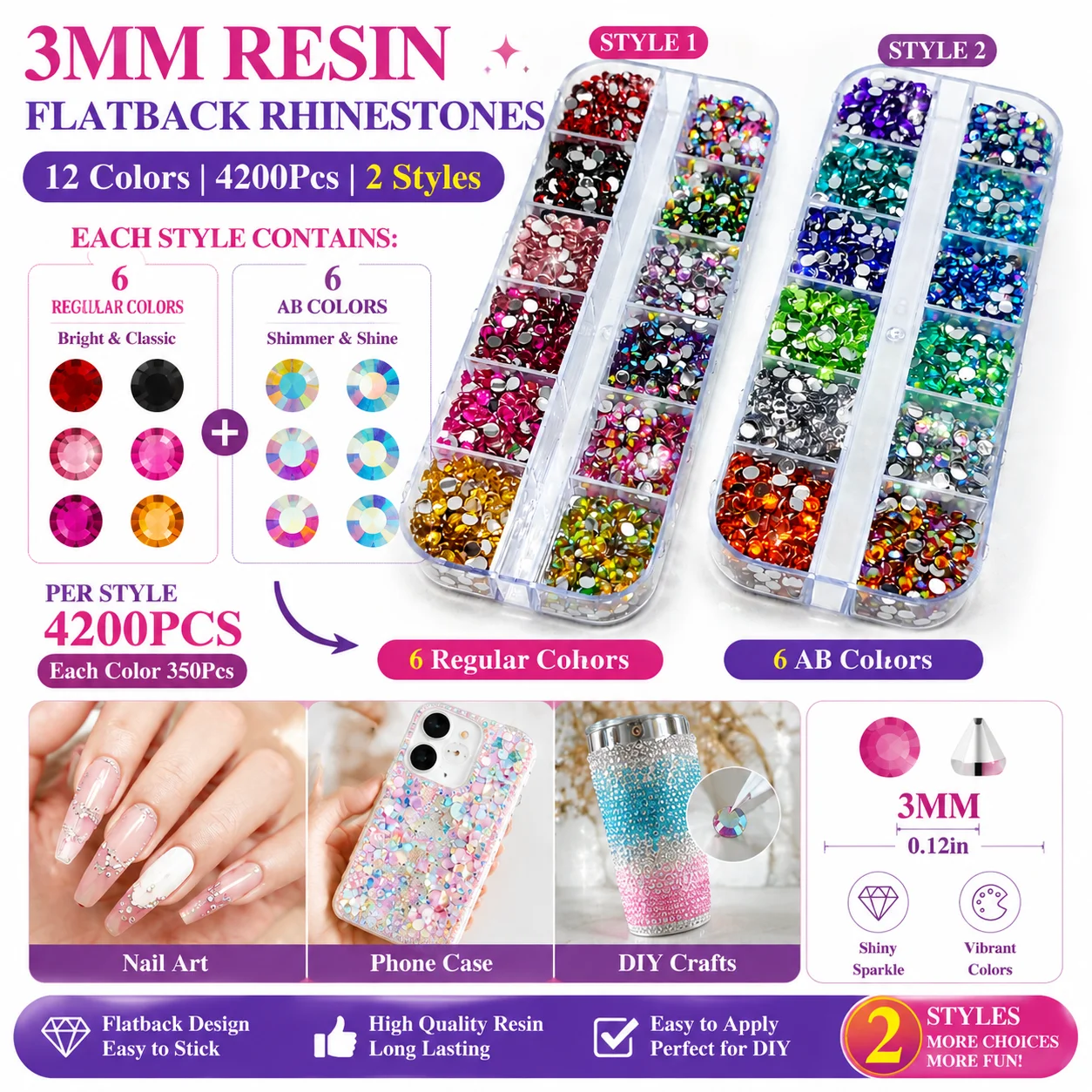 12 Grids Box 6 Regular 6 AB Colors 3mm Resin Flatback Rhinestones  4200pcs DIY Nail Art Craft Gems