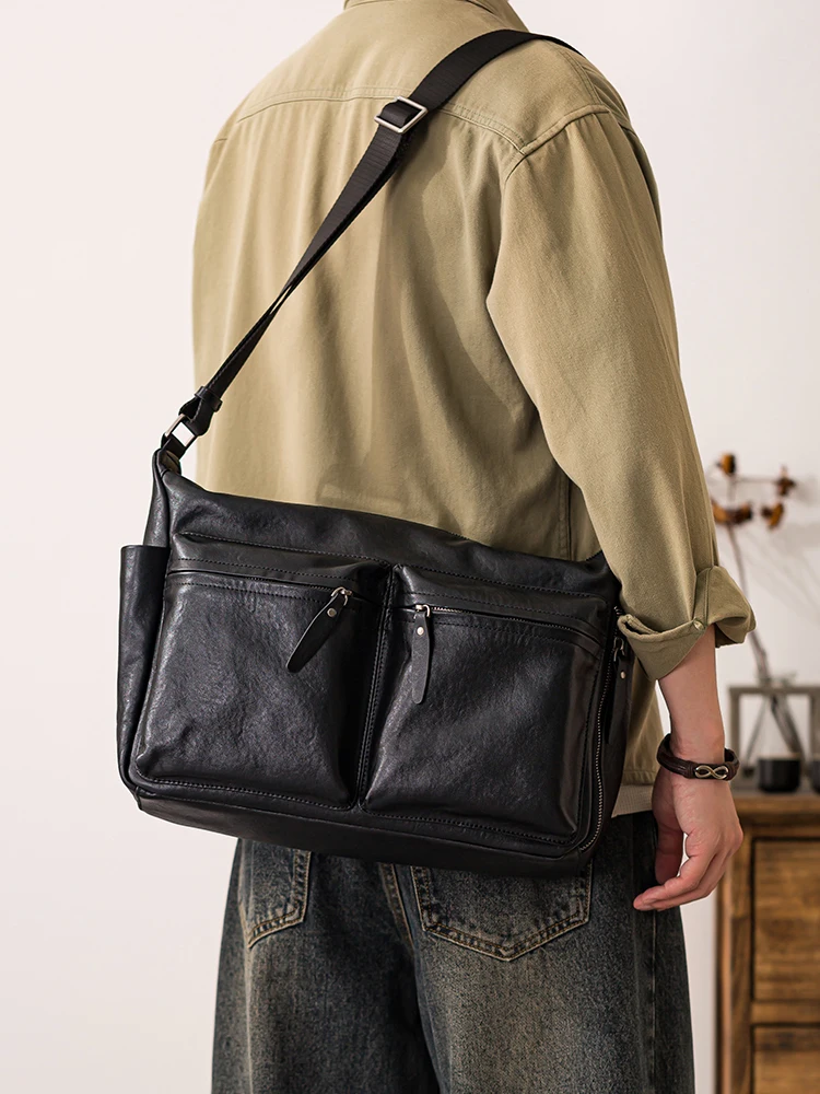 PNDME casua sports luxury genuine leather men's shoulder bag outdoor travel designer handmade cow leather black crossbody bag