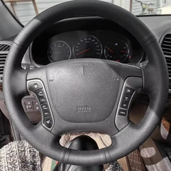 Perforated Leather Cover Hand Sewing Car Steering Wheel Cover Trim Black For Hyundai Santa Fe 2006 2007 2008 2009 2010 2011 2012