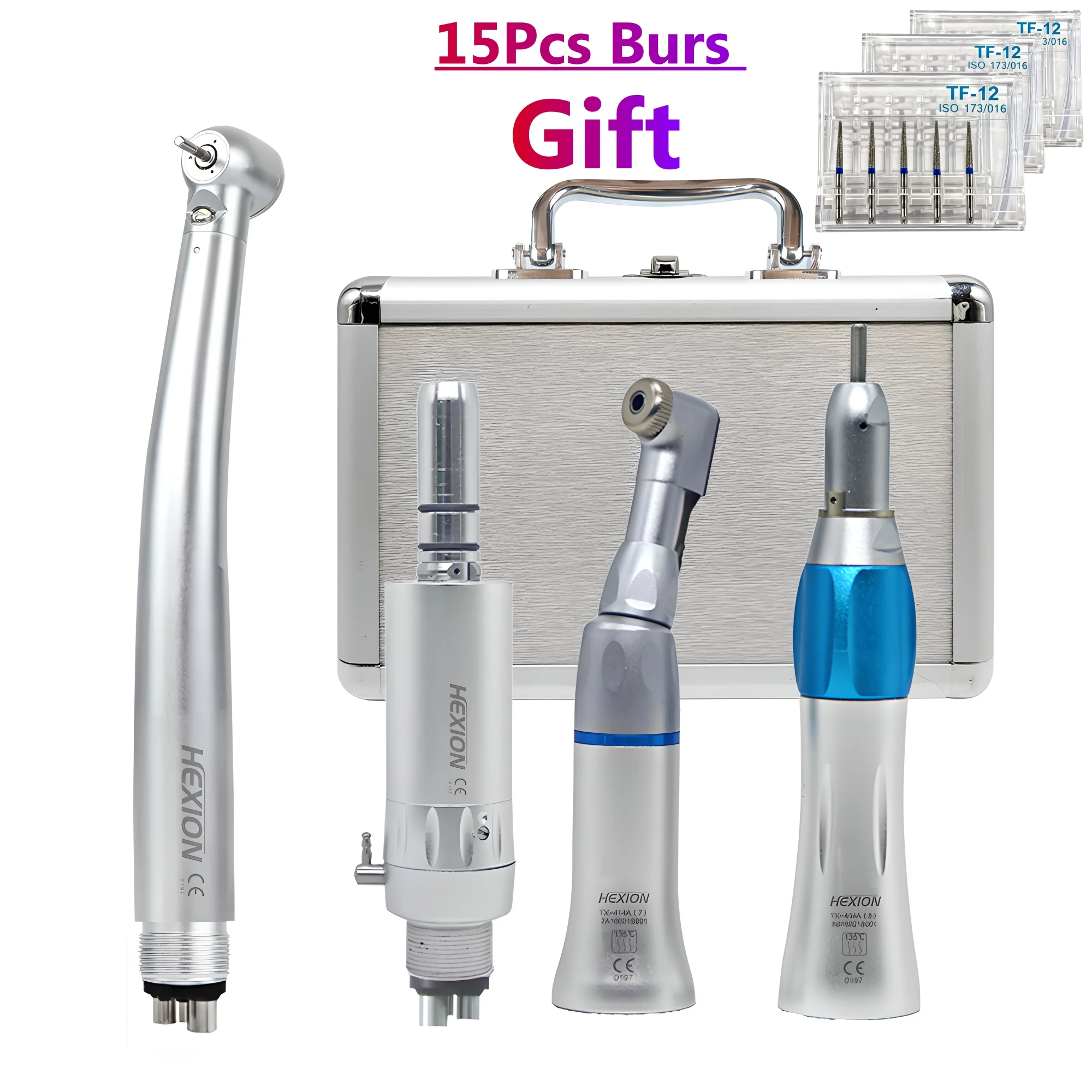 HEXION 4 Teile/satz LED High Speed Dental Handstück Akademische Kits + 15 PCs Bur Fres Metall Box Mit lichter Push Button Zahnmedizin Set