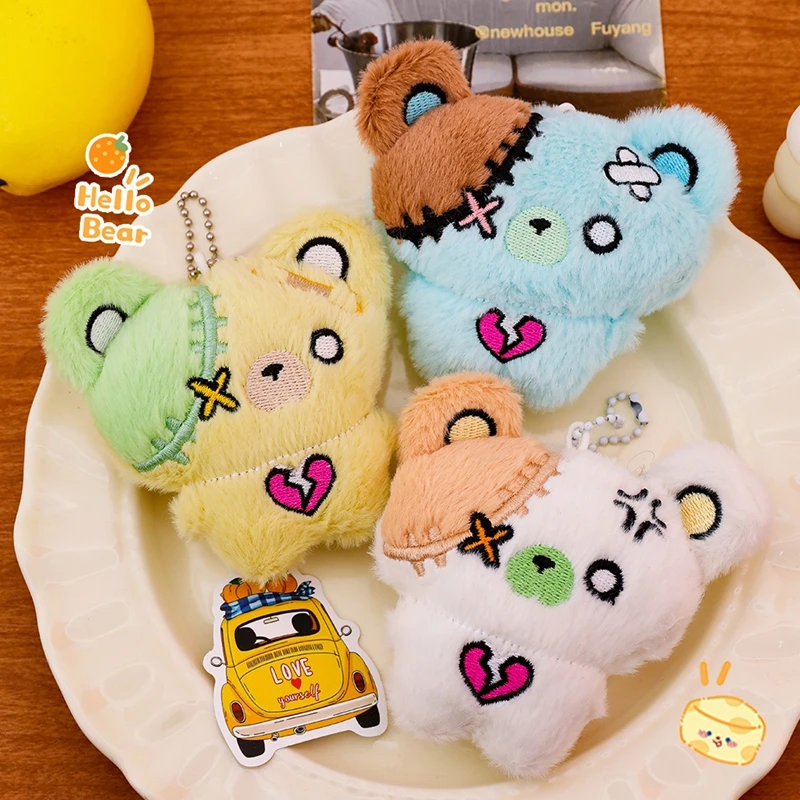 Halloween Plush Bear Keychain Creepy Cute Stitched Gothic Bag Charm Kawaii Broken Heart Backpack Pendant Car Keyring Gift