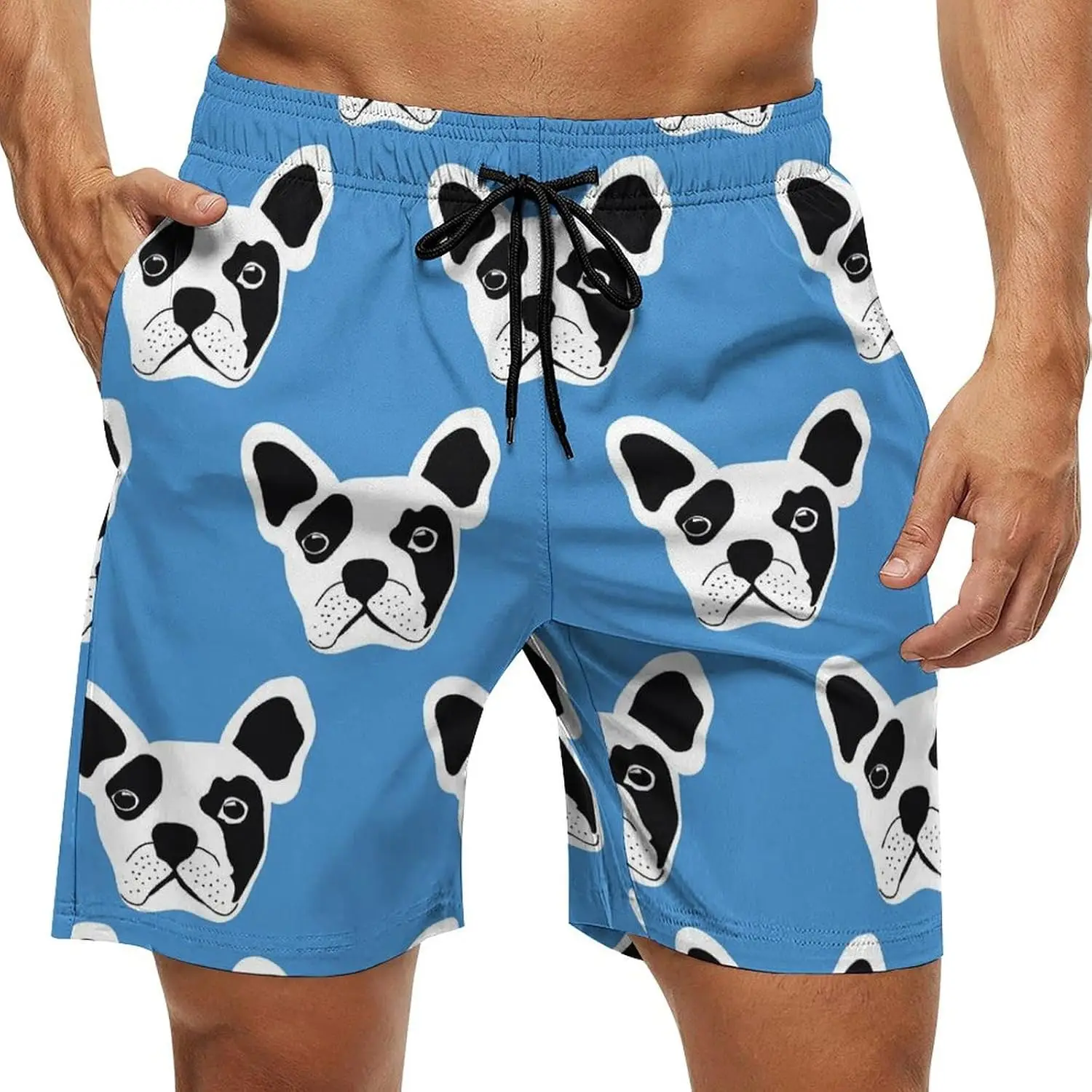 Bulldog Blue Animal Beach Shorts for Men Hawaiian Swim Board Shorts Mesh Lining Swimming Trunks Pocket