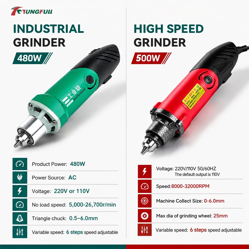 High Speed Electric Grinder 480W 500W 6-Speed Adjustable 8000-32000RPM Handheld Engraver for DIY Woodworking Metal Grinding