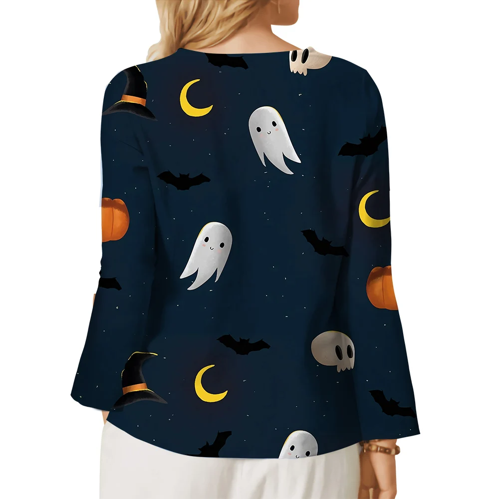 CLOOCL Halloween Women T-shirt Long Sleeve Tee Dark Night Goblin Magic Hat Jack-o-lantern 3D Print Shirt Button Decorate Tops