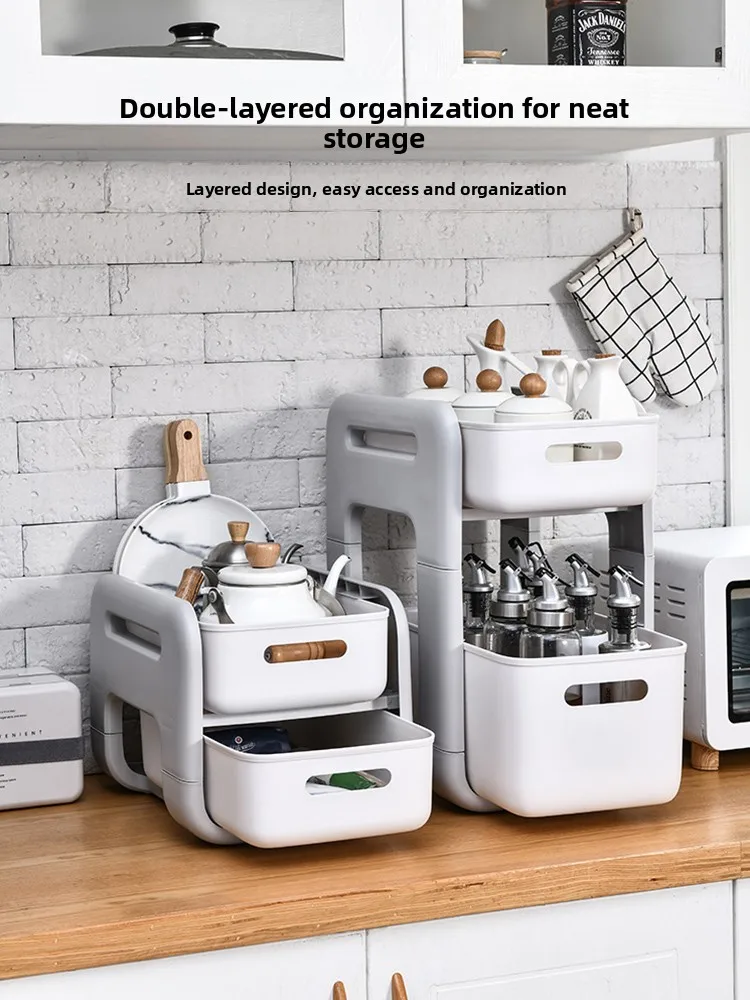 Kitchen Storage Rack Spice Oil Salt Vinegar Organizer Shelf Upper Lower Layer Countertop  Small Cart for Household Use