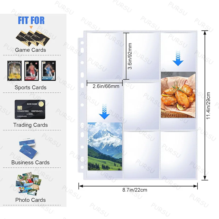 11 Hole Double-Sided 9 Pocket Clear Page Protector,Top Loading,30/60Pcs Trading Card Sleeve Pages,For Sports&Game Cards Photos