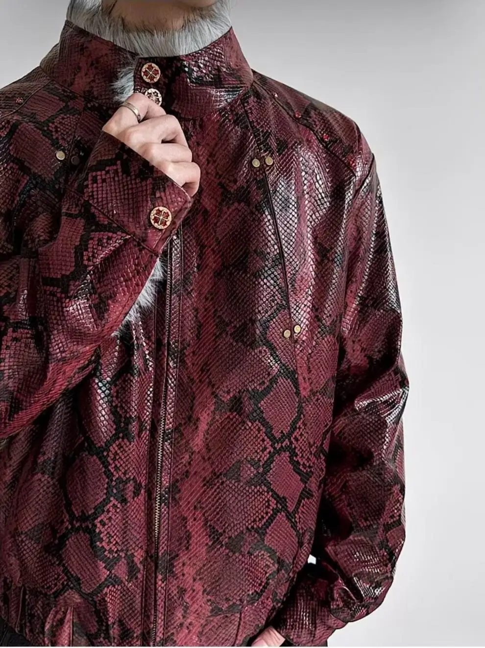 Men's Fashion Faux Leather Jacket Faux Fur Lined Thick Warm Parkas Overcoat Winter Thermal Outerwear Python Print For Male