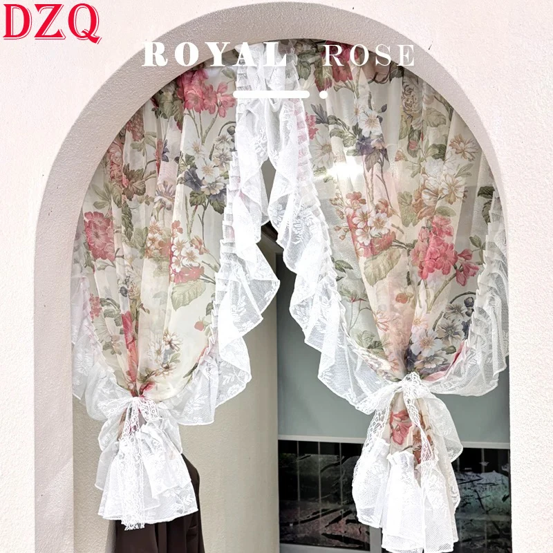 Idyllic Peony Flowers Lace Window Tulle Curtain Living Room Warp Ruffled Rural Gauze Door Curtain for Kitchen Bedroom #A619