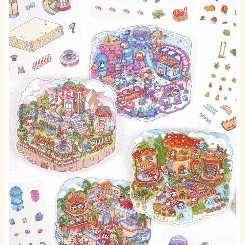 New Landscape Sticker Cabin Scene DIY Toy2.5D Cartoon Seaside Town Game Sticker Festival Birthday Gift for Kid Child Girl