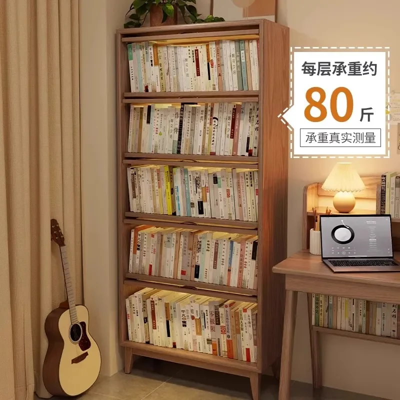 For Solid Wood Bookcase with Glass Door Dust-proof Floor-to-ceiling Shelf Nordic Simple Vertical Cabinet for Home Living Room
