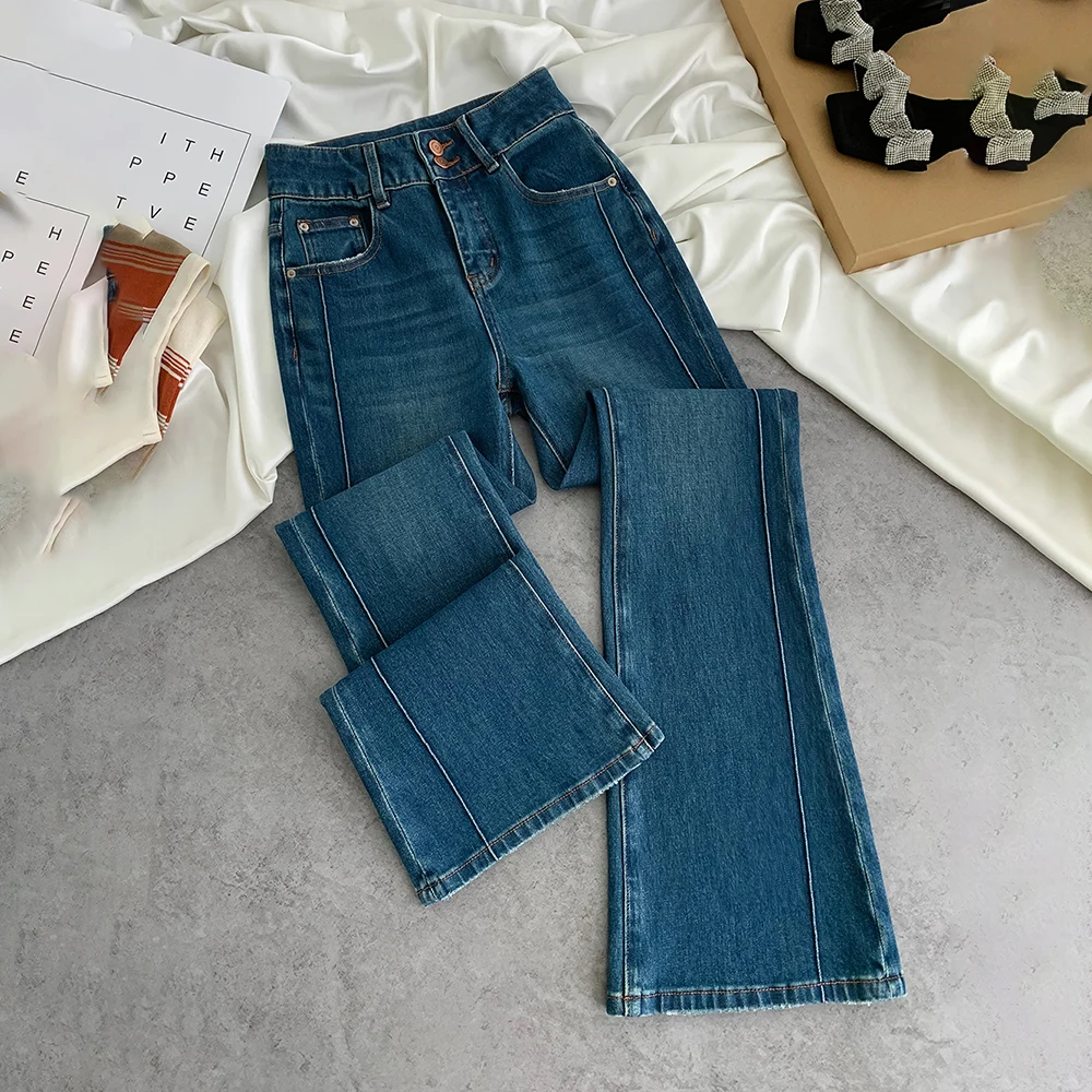 

Retro Dark Blue Women Denim Pants 2025 New Autumn Fashion Straight Slim Flared Jeans Lady Bell-bottomed Trousers