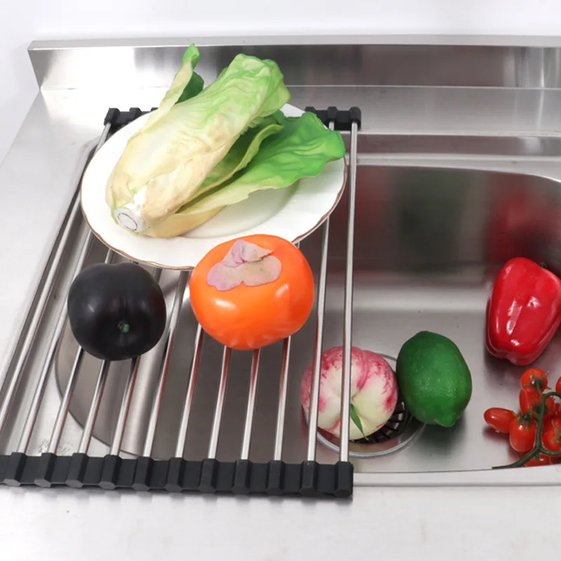 Foldable Stainless Steel Silicone Roll Up Sink Drying Rack Fruits Dishes Bowls Kitchen Counter Space Saving Use