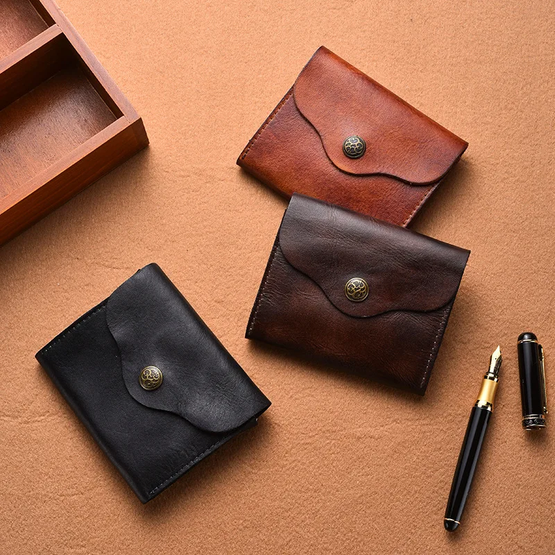 New Women Vintage Pebbled Genuine Leather Mini Wallet Card Holder Coin Purse Retro Flap Snap Button Casual Daily Ladies Clutch