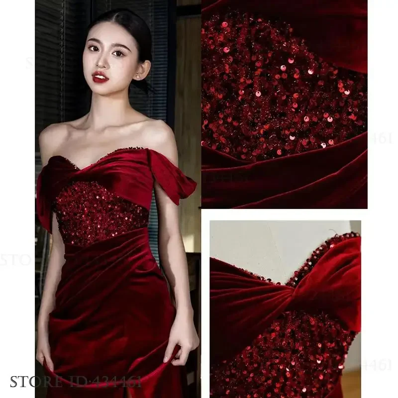 Sexy off-shoulder split galajurk herfst winter nieuwe fluwelen vrouwelijke avondfeestjurk bordeaux slanke zeemeermin maxi-jurk vestidos