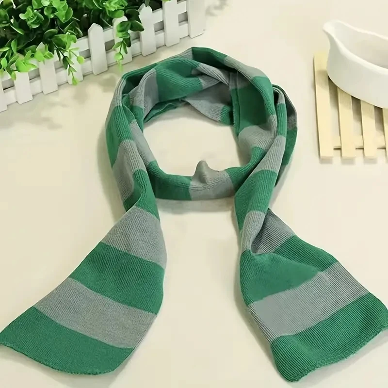 Double Color Striped Knit Scarf Classic Tie College Style Soft Warm Elastic Neck Scarf Winter Coldproof Decorative Cosplay Scarf