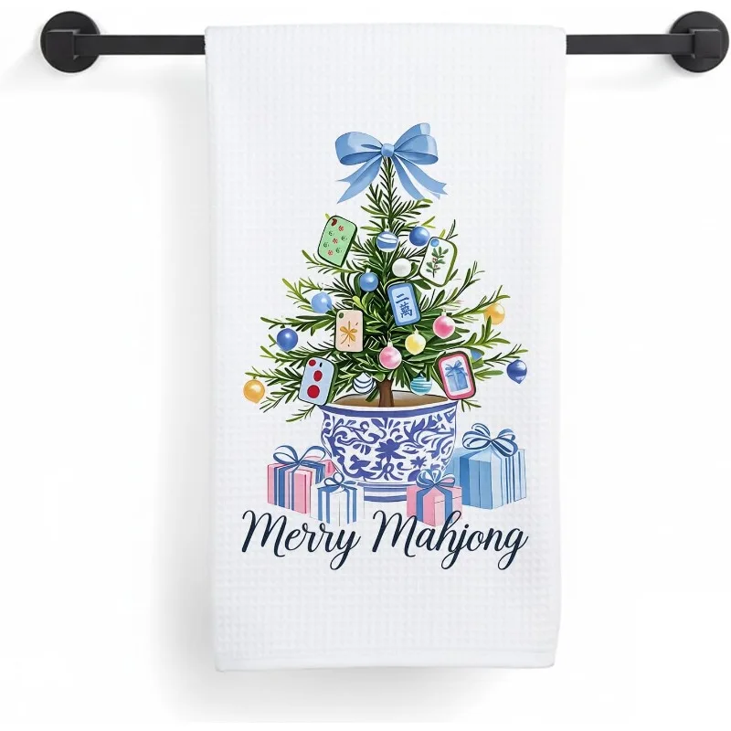 Cleaning Cloth 1PC kitchen towel1 blue bow mahjong style Christmas tree kitchen towel, napkin tea towel