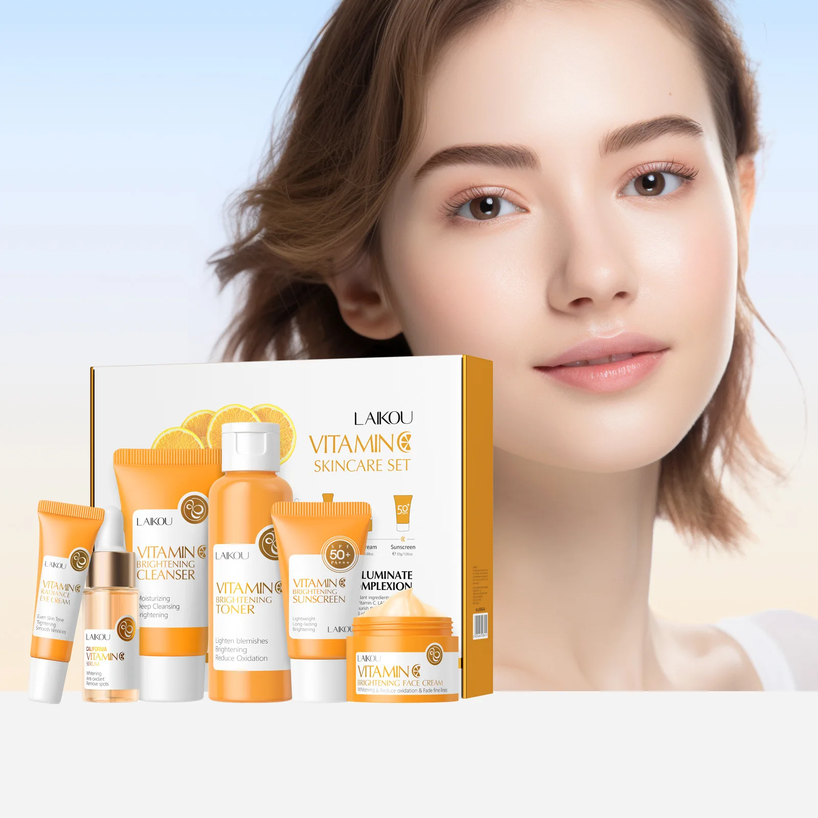 

6 Pcs Vitamin C Skincare Set Face Cleanser Moisturizing Toner VC Serum Cream SPF 50+ Sunscreen Repair Skin Care Set