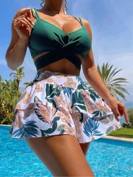 2024 New Swimwear Women Sexy Backless Push Up Swimsuit Print Floral Bikini Three Pieces Skirt-Style Cover Up Beach Bathing Suit