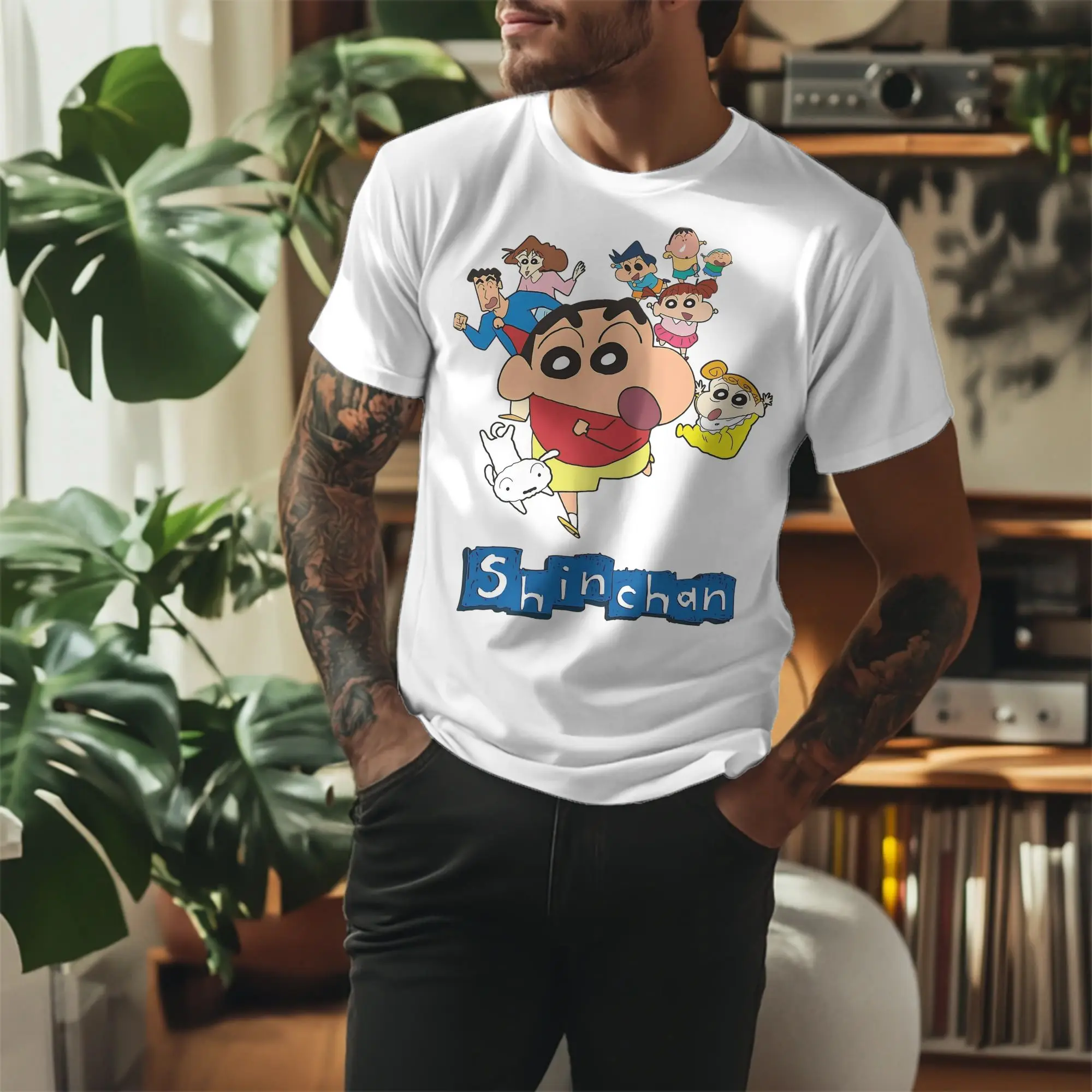 Family Cartoon Crayon Shin chan Anime Funny T Shirts Men Pure Cotton Funny T-Shirt Crew Neck  Tees Short Sleeve Clothing 4XL 5XL