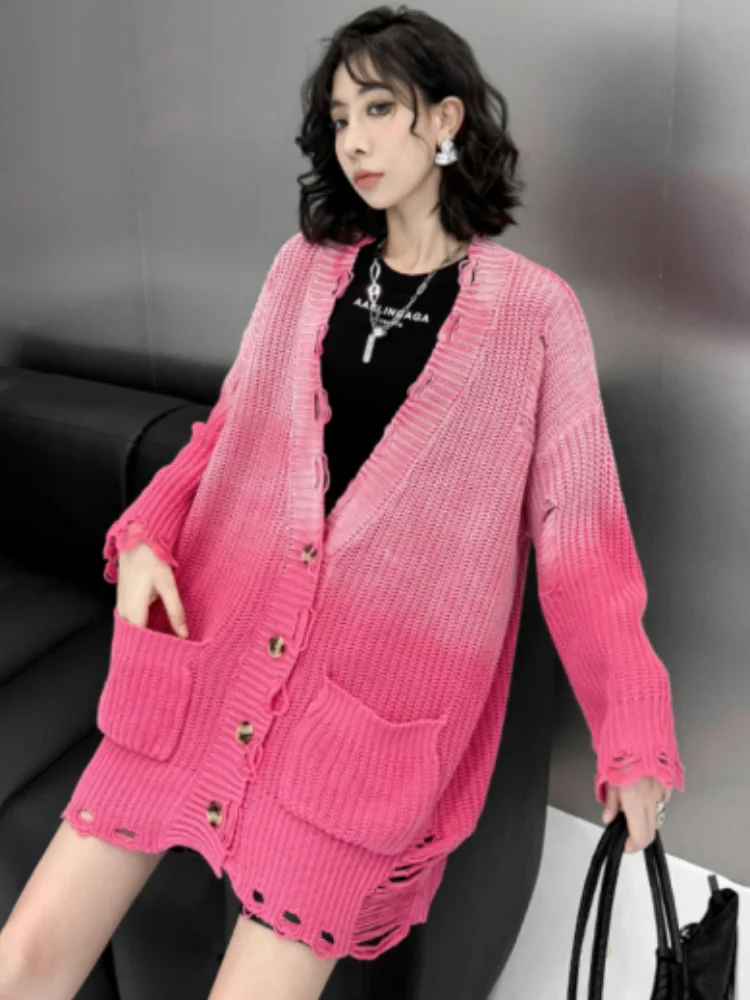 Vefadisa 2025 Spring Autumn New Pink Gradual Color Women Sweater Cardigan V-neck Long Sleeve Mid-length Sweater ZXY1290A