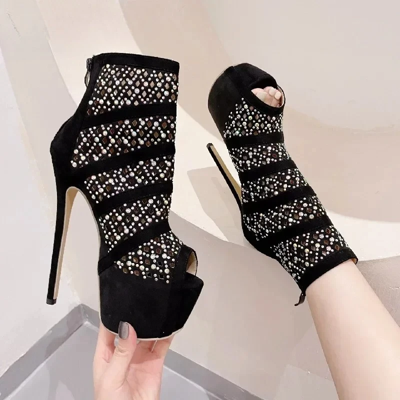 

Aneikeh Sexy Glitter CRYSTAL Platform High Heels Hollow Boots Sandals Women Peep Toe Nightclub Party Stiletto Female Spring Shoe