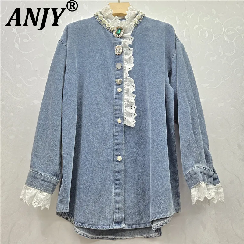 

ANJY Autumn New Woman Chic Shirt Beaded Lace Patchwork Denim Contrast Color Diamonds Button Long Sleeved Sweet Casual Tops A8717