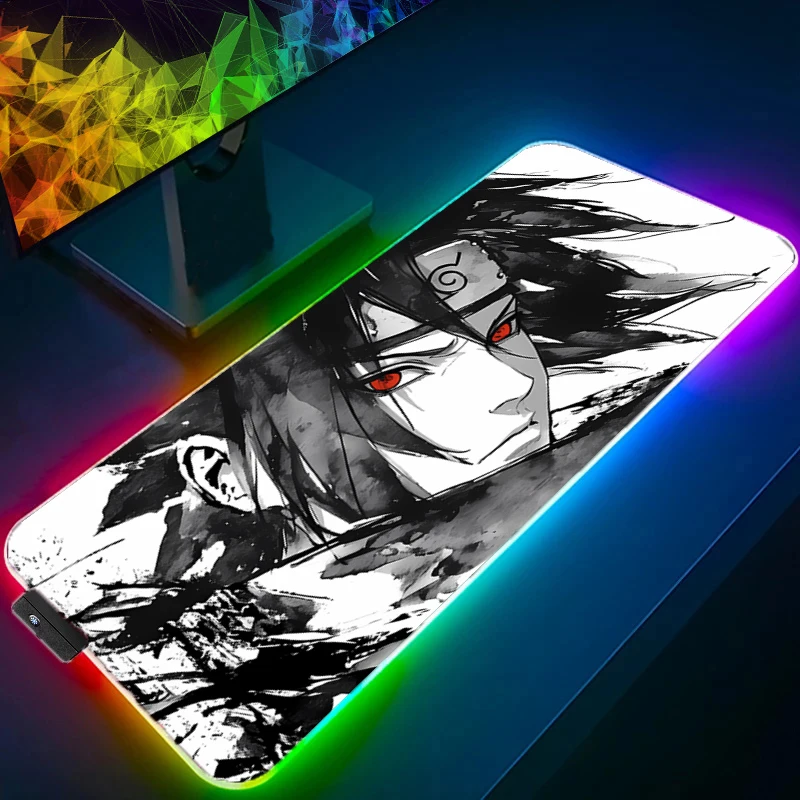Anime NARUTO Uchiha Sasuke RGB Pad Mouse Backlight HD Print Computer Gamer Locking Edge LED Mousepad XXL Keyboard PC Mice Mats