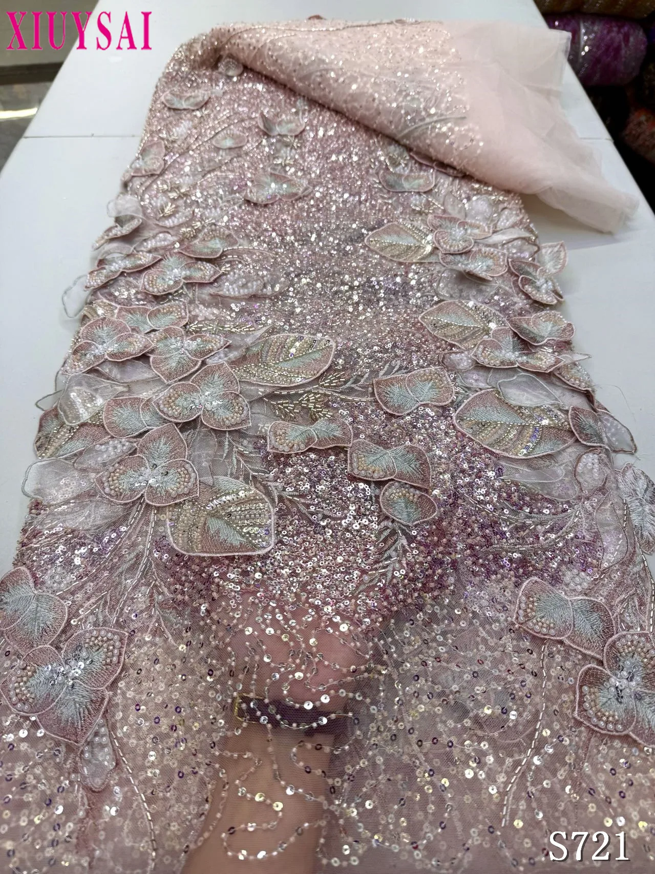 

Pink African Sequins Lace Fabric High Quality French Nigerian Groom Lace Mesh Fabrics Beads For Sewing Dress Wedding Party