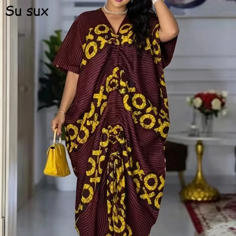 

Letter Print V Neck Bat Sleeve Maxi Dress African Dresses For Woman Dashiki Plus Size Africa Clothing Elegant Irregular Robe