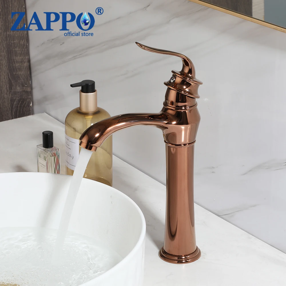 

ZAPPO Bathroom Basin Faucet Rose Gold Hot Cold Water Mixer Tap Single Handle Deck Mounted Faucets Single Hole Black Faucet Taps