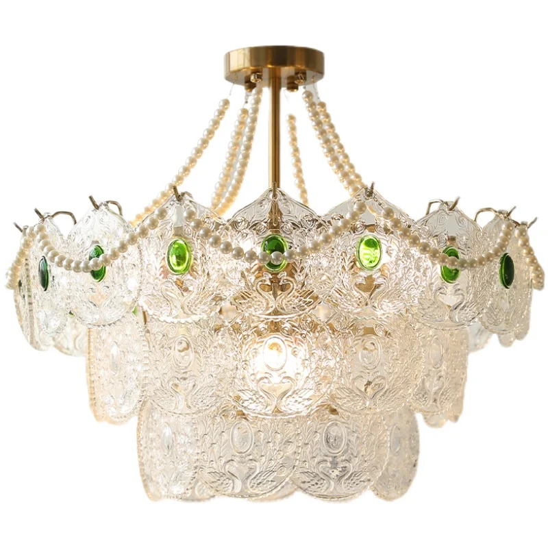 

Art Home Light Luxury French Bedroom Chandelier Living Room Cream Retro Crystal Premium Full Copper Master Bedroom